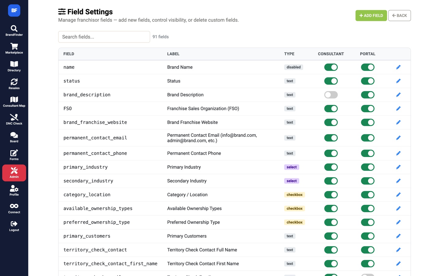 BrandFinder field settings screen with a consultant toggle and a portal toggle for each of 91 fields