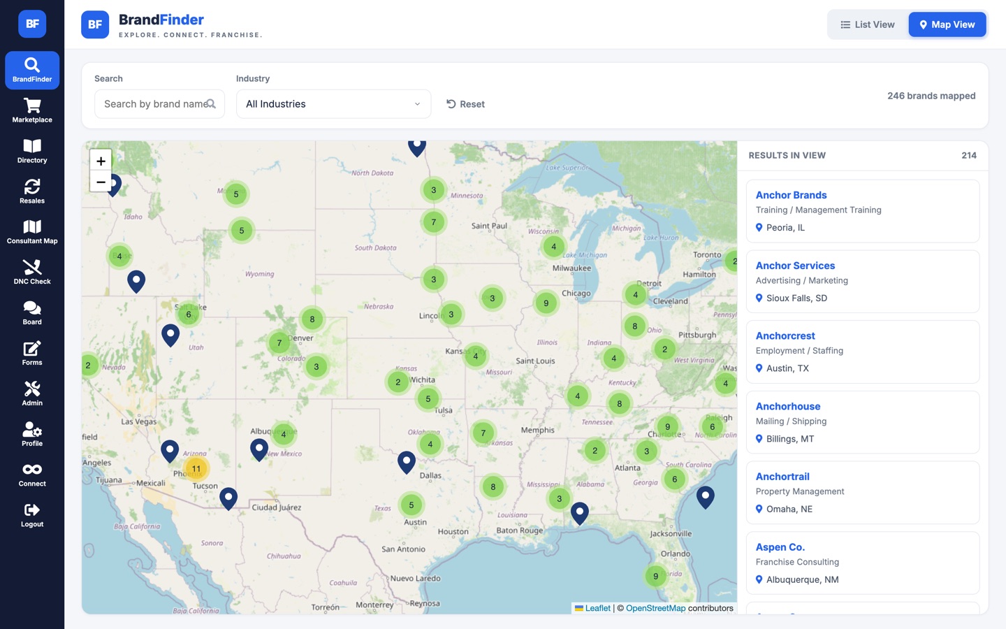 BrandFinder map view with clustered brand markers across the United States and a results panel