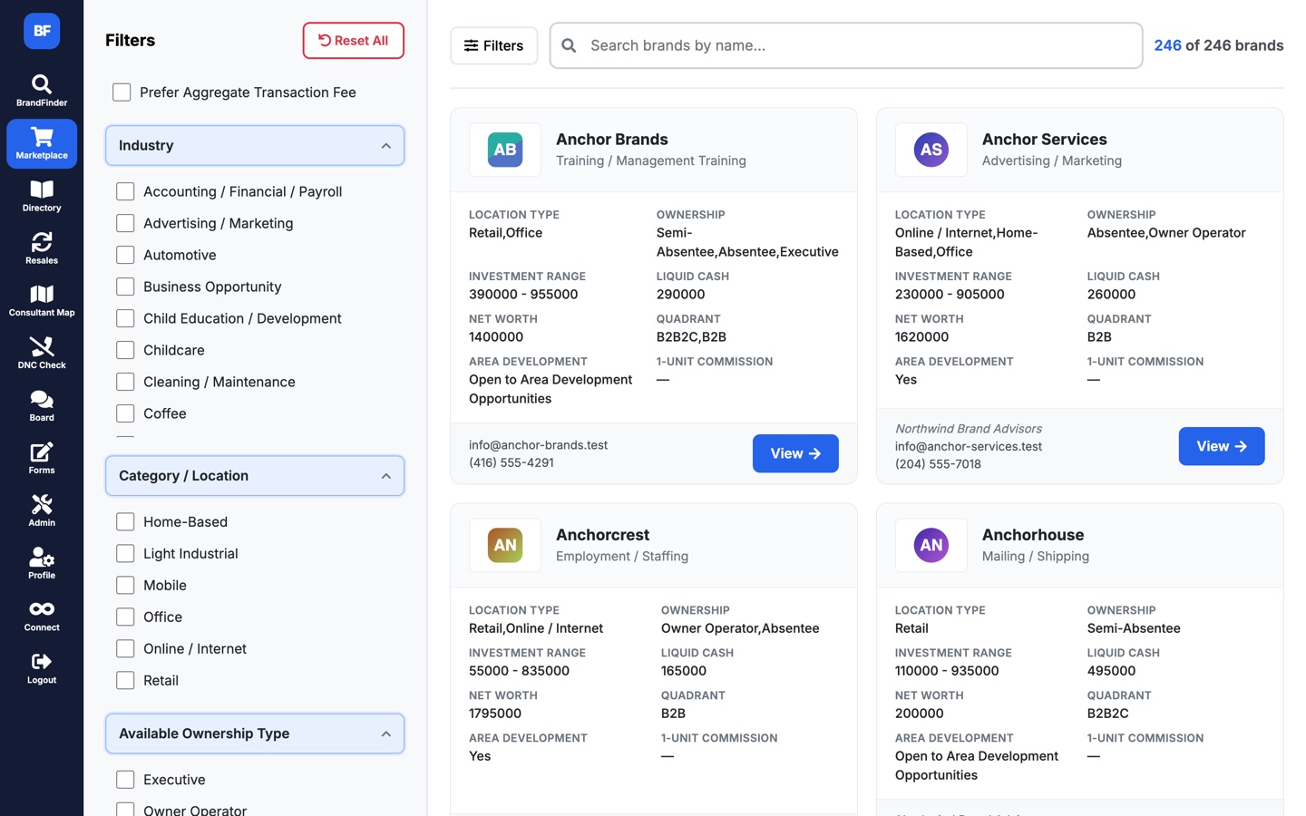 BrandFinder marketplace with filter sidebar and brand cards showing investment ranges