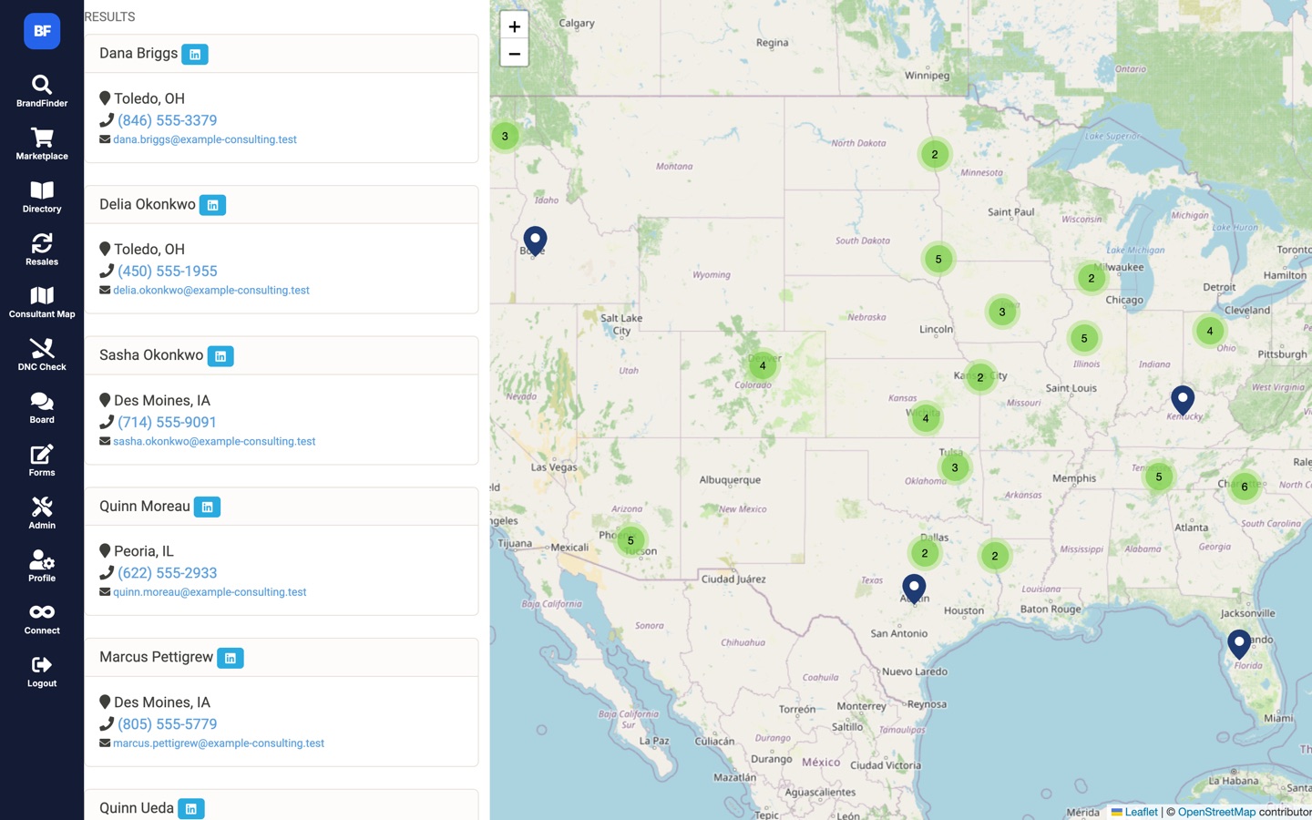 BrandFinder consultant map with a results list on the left and clustered markers on the right