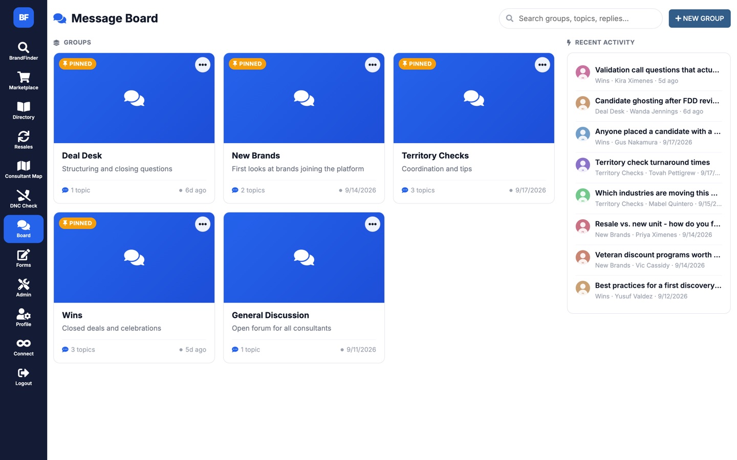 BrandFinder message board with pinned groups and a recent activity feed