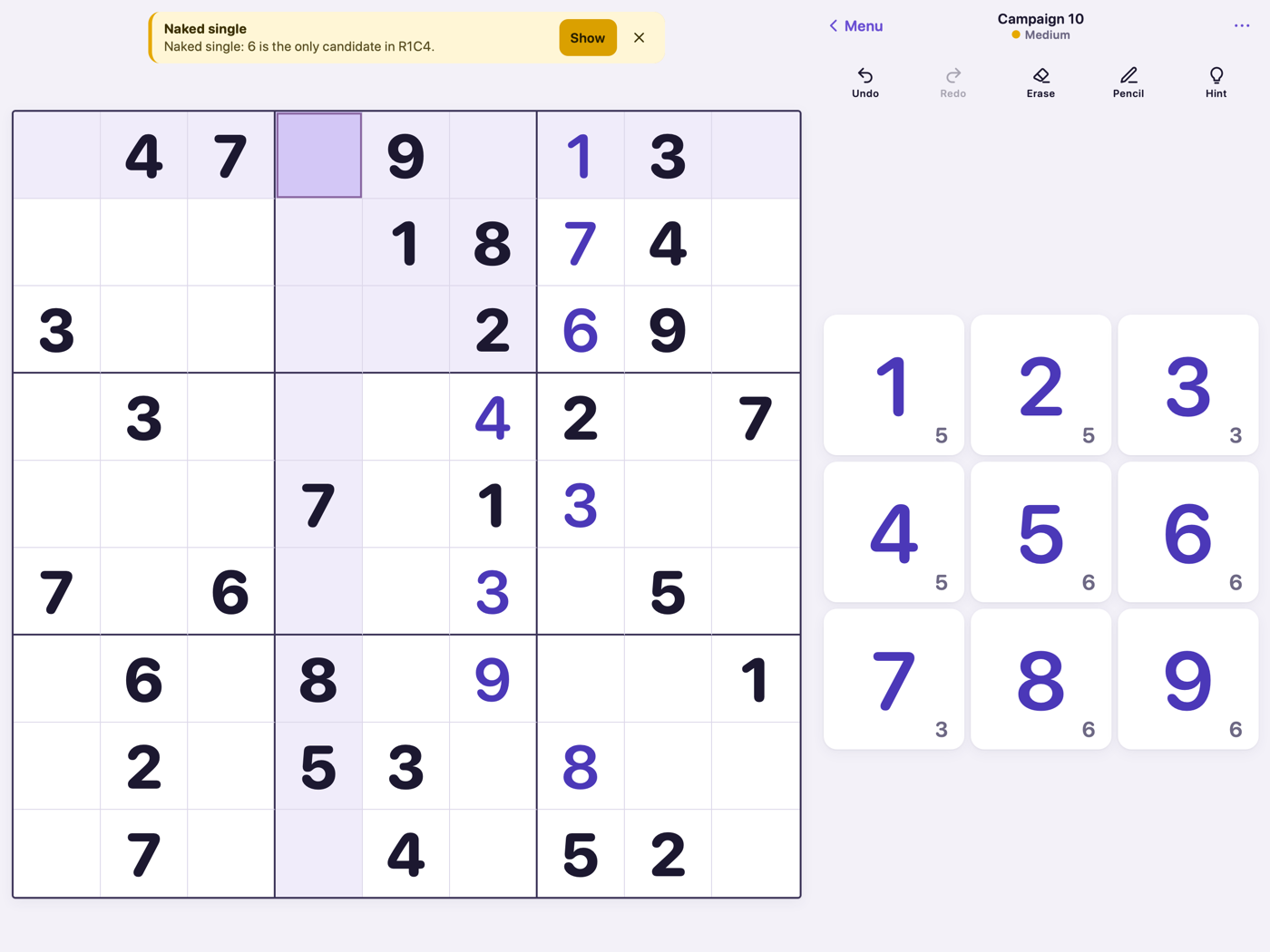 Kitdoku on an iPad in landscape, board on the left and controls on the right, with a hint banner explaining a naked single