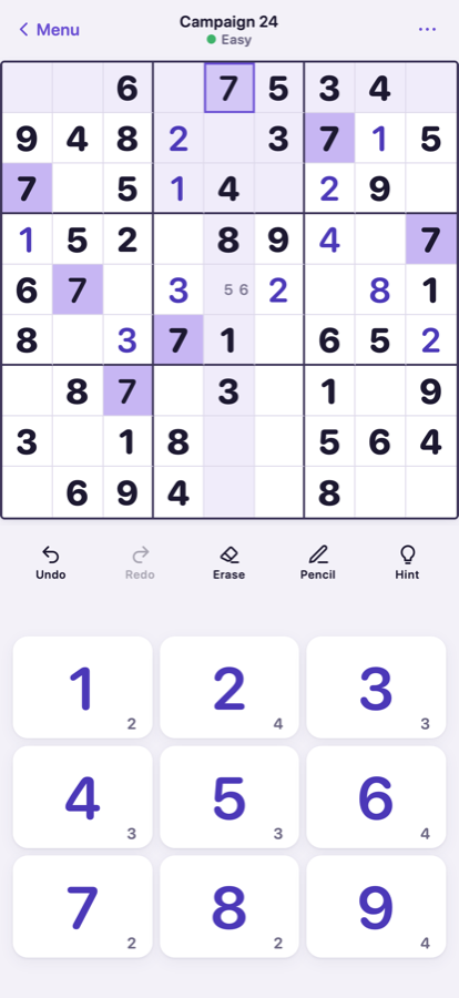 Kitdoku board with large digits, highlighted row and column, and the number pad