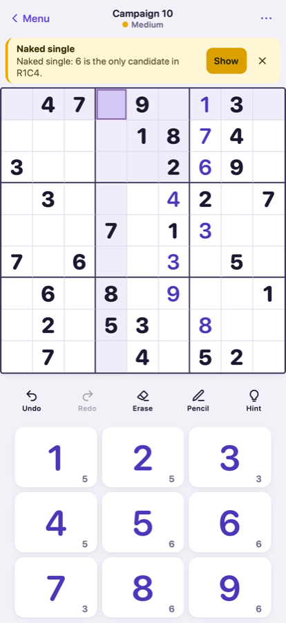 Kitdoku hint banner naming the technique and explaining which cell it applies to