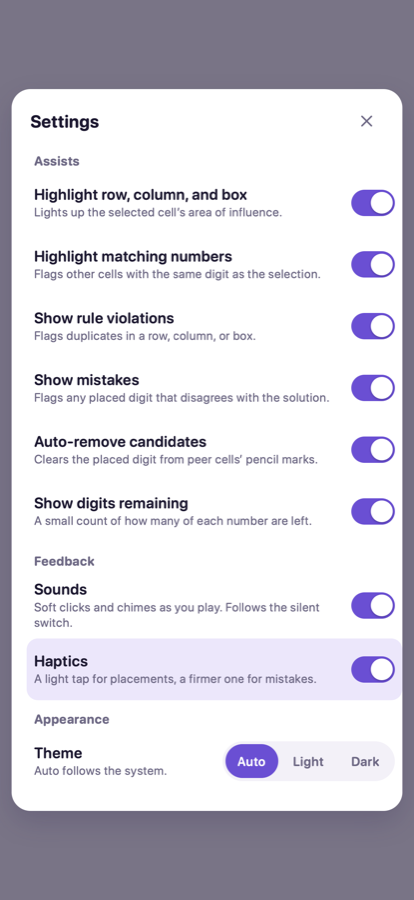 Kitdoku settings with individual toggles for every assist, sound, haptics, and theme