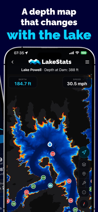 LakeStats Compass depth map of Lake Powell with the boat position, live depth, and speed
