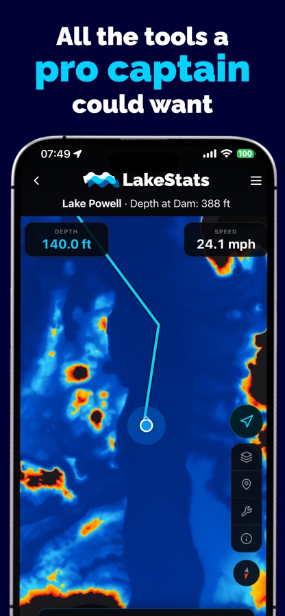 LakeStats Compass with a plotted route, live depth gauge, and speedometer