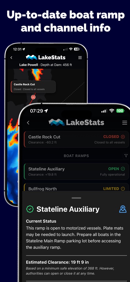 LakeStats boat ramp and channel status list with clearance estimates and a detail sheet