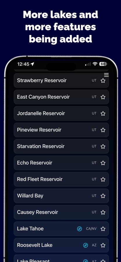 LakeStats lake list showing reservoirs across Utah, Nevada, California, and Arizona
